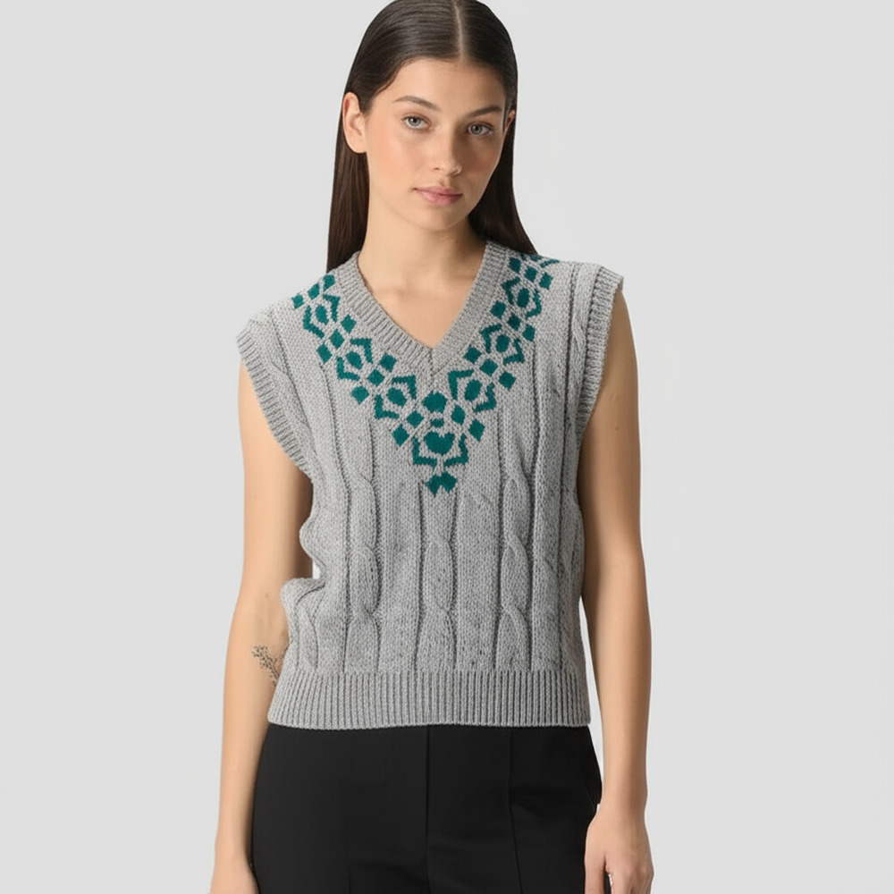 LAZARUS Womens L Grey Teal Cable Knit V Neck‎ Sweater Vest Vintage Academia